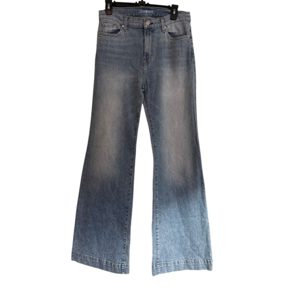 7 For All Mankind High Rise Flare Jeans Light Wash Squiggle Blue Denim 29